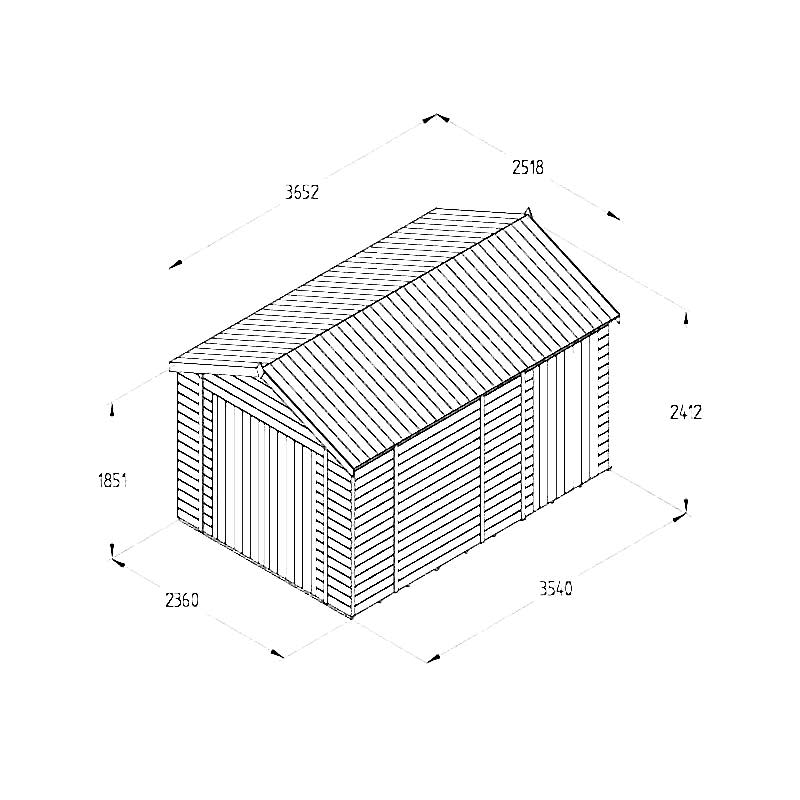 12' x 8' Forest Timberdale 25yr Guarantee Tongue & Groove Pressure Treated Windowless Double Door Combination Apex Shed (3.65m x 2.52m) Technical Drawing