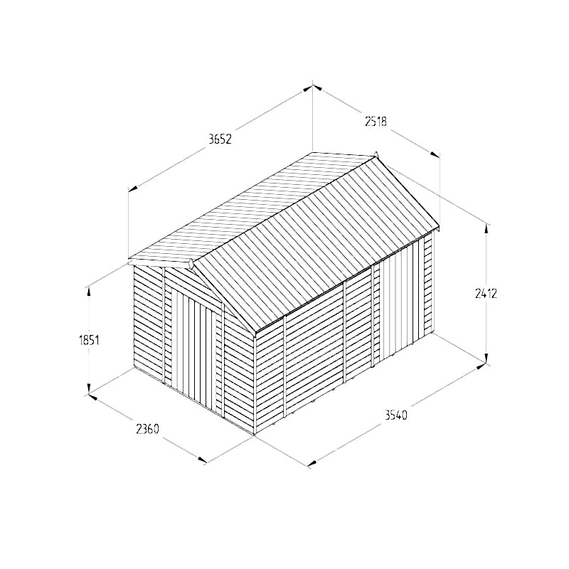 12' x 8' Forest Timberdale 25yr Guarantee Tongue & Groove Pressure Treated Windowless Combination Apex Shed (3.65m x 2.52m) Technical Drawing
