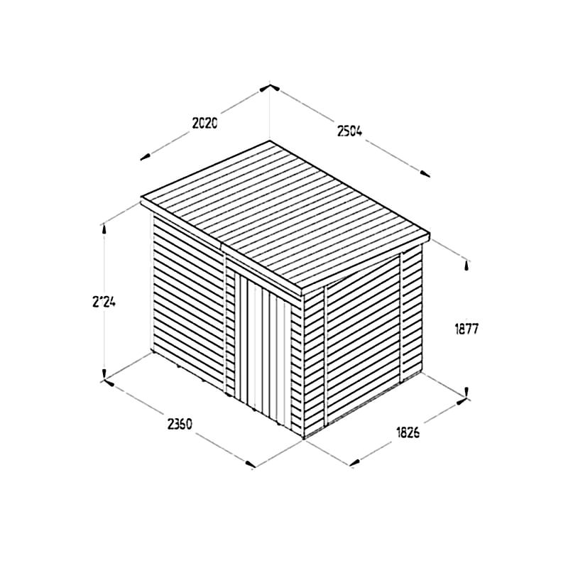 8' x 6' Forest Timberdale 25yr Guarantee Tongue & Groove Pressure Treated Windowless Pent Shed (2.5m x 2.02m) Technical Drawing