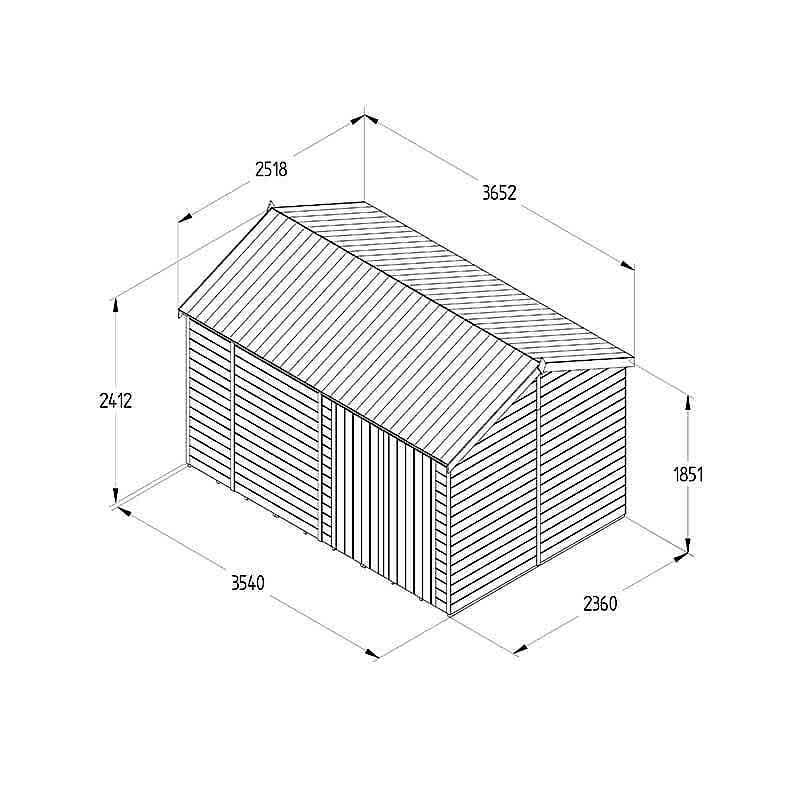 12' x 8' Forest Timberdale 25yr Guarantee Tongue & Groove Pressure Treated Windowless Double Door Reverse Apex Shed (3.65m x 2.52m) Technical Drawing