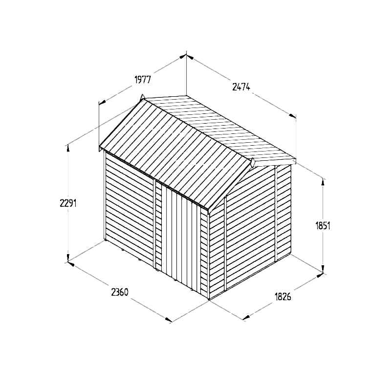 8' x 6' Forest Timberdale 25yr Guarantee Tongue & Groove Pressure Treated Windowless Reverse Apex Shed (2.47m x 1.98m) Technical Drawing