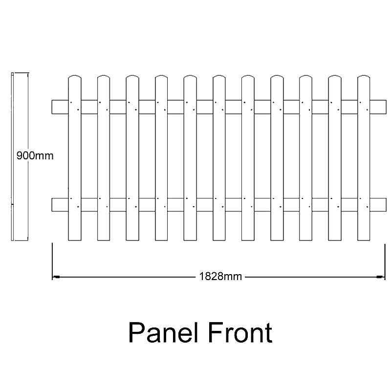 Forest 6' x 3' Pressure Treated Pale Picket Fence Panel (1.83m x 0.9m) Technical Drawing
