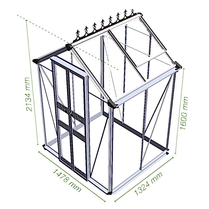 4' x 4' Halls Cotswold Birdlip Small Greenhouse in Green with Toughened Glass (1.47m x 1.32m) Technical Drawing