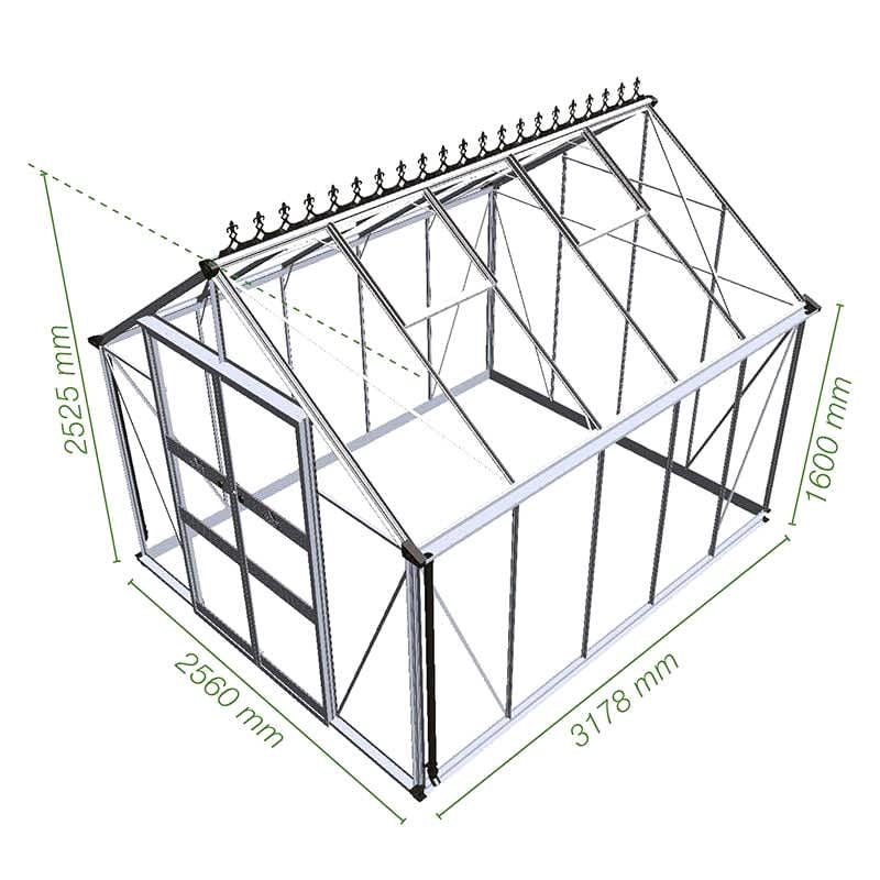 8' x 10' Halls Cotswold Blockley Greenhouse in Green with Toughened Glass (2.56m x 3.17m) Technical Drawing
