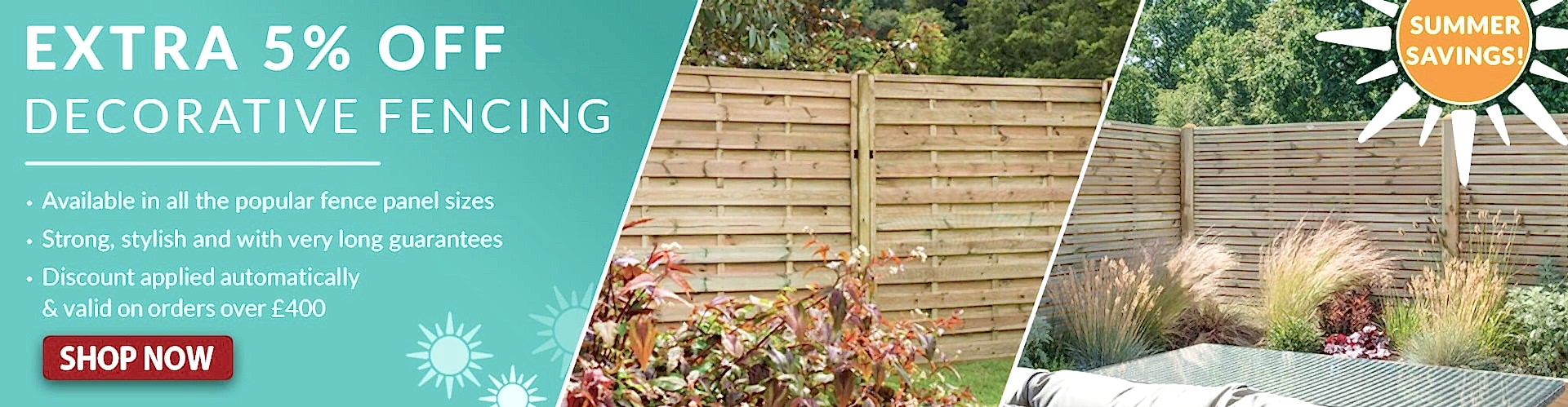 A banner advertising an extra 5% off decorative fence panels with blue and orange graphics