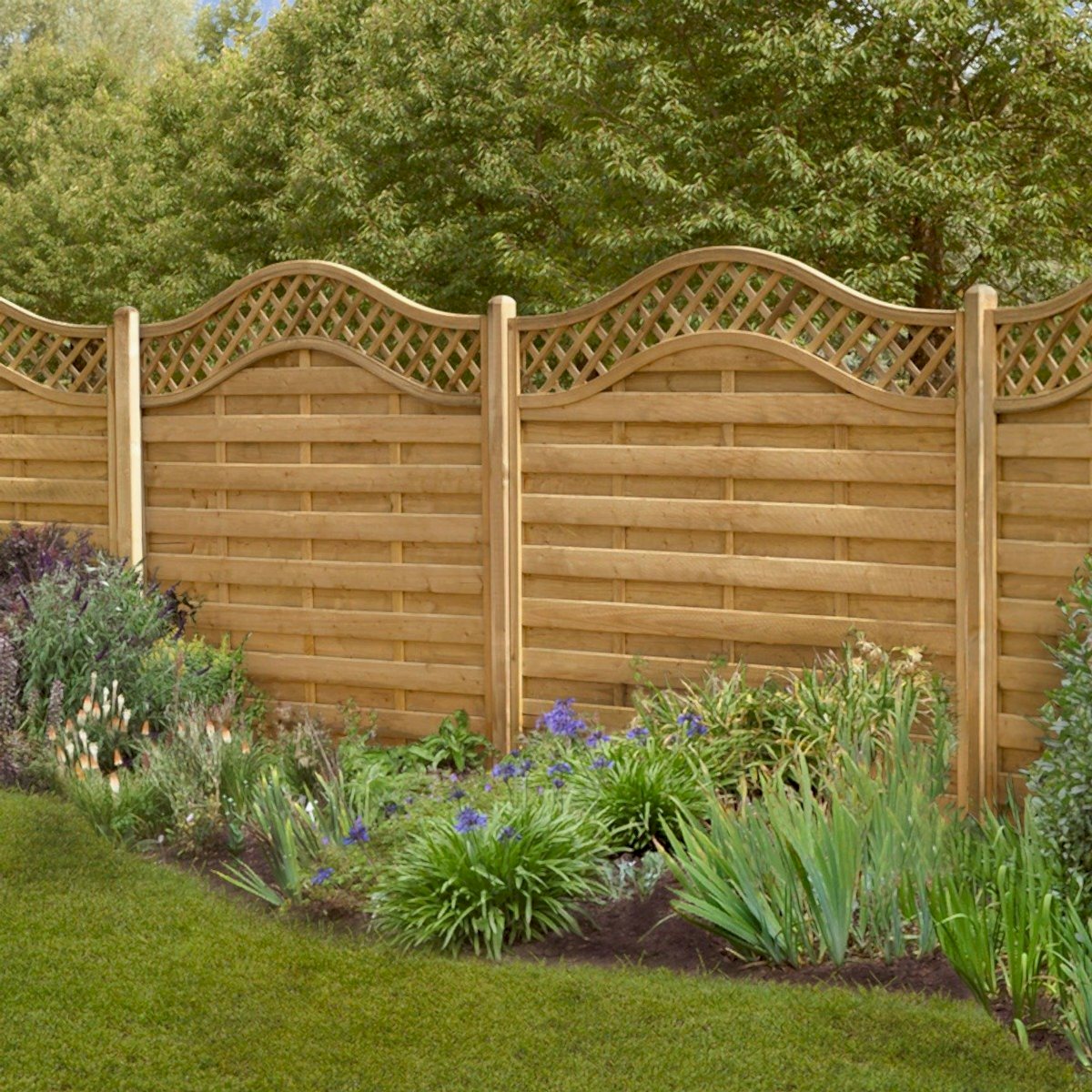 Forest 6' x 4' Paloma Pressure Treated Decorative Fence Panel in a garden with plants and a lawn