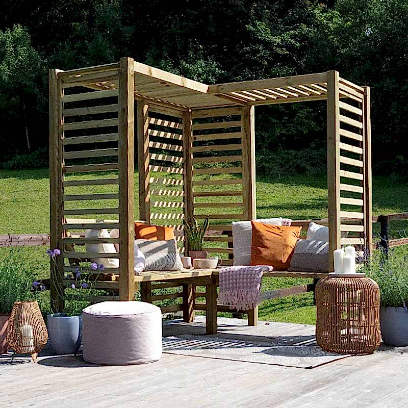 A modern and wooden Forest Firenze Corner Garden Arbour Seat with slatted sides and top