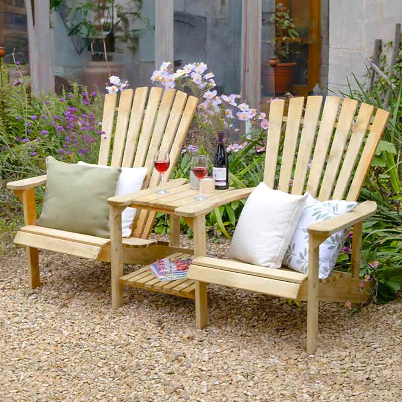 A Forest Florida Wooden Garden Love Seat including two reclining seats and a fixed table with two levels