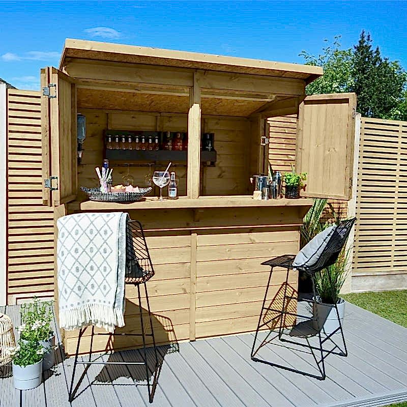 A Forest Wooden Garden Bar with a pent roof, open shutters, a bar top and two bar chairs