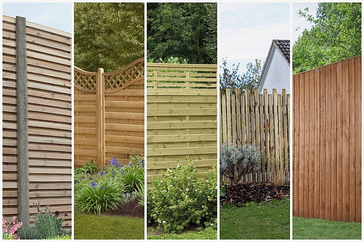 Five wooden garden fences including slat, picket fence and curved designs