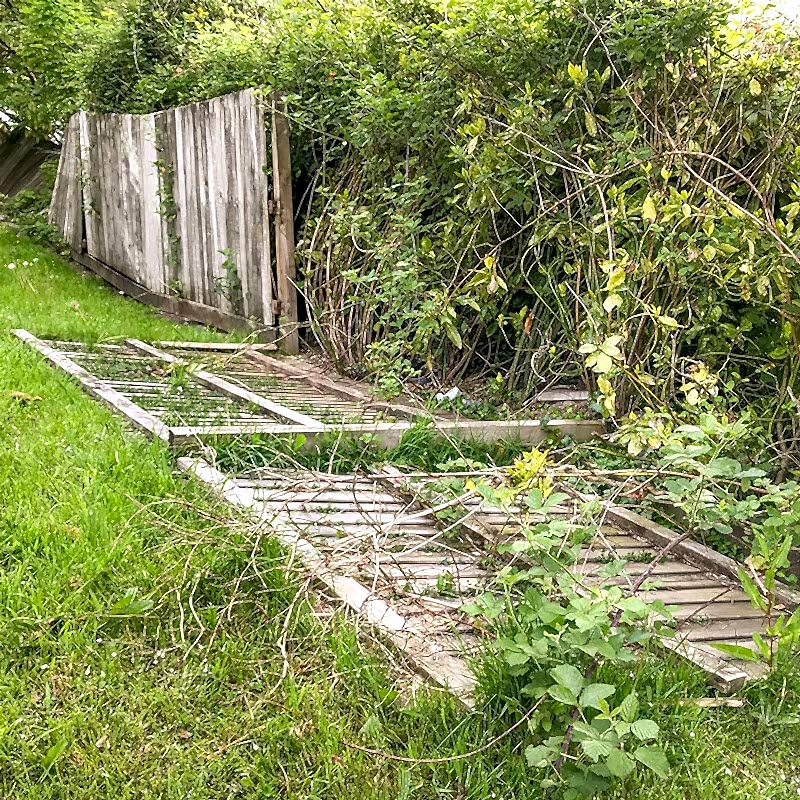 the owner of the damaged wooden fence in this photo will be wanting to learn to repair a wooden fence so will be desperately searching for how to repair a wooden fence or how to fix a broken fence