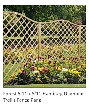 Please click here for further information or to purchase this decorative fence panel The Forest 5'11 x 5'11 Hamburg Diamond Trellis Fence Panel with flowers in the foreground