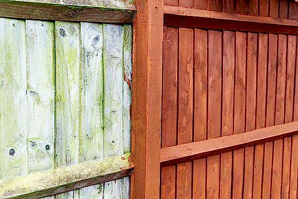 a run of 2 fence panels showing the before and after of unpainted and painted