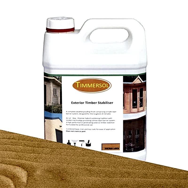 a 5L bottle of Timmersol Treatment with an overlay showing the colour of wood when treated