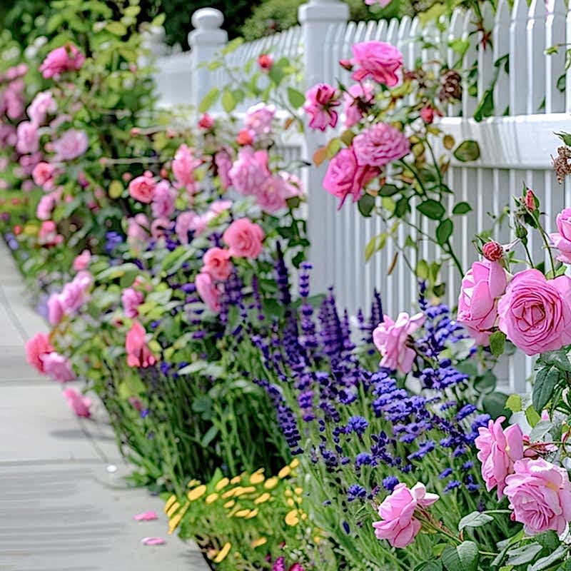 a picket fence with a flower bed along it with pink, purple and yellow flowers