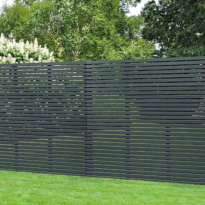 a smart grey slatted fence panel that will need fence preservationto keep it looking good