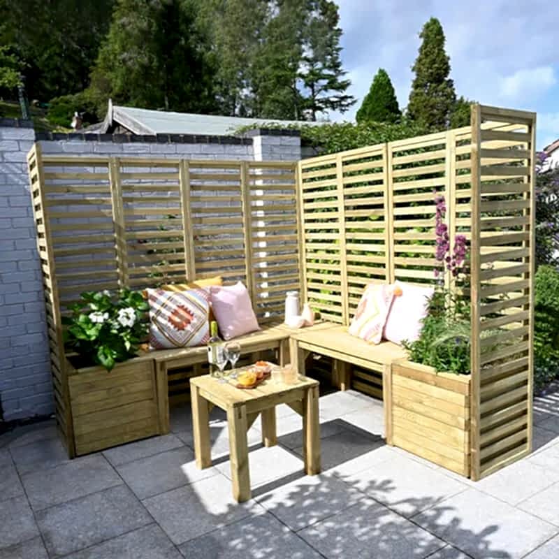 kickstart your garden transformation with this modular seating set featuring benches, planters and privacy screens