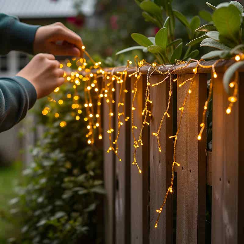 orange fairy lights draped along the top of a brown picket fence - no garden transformation is complete without it