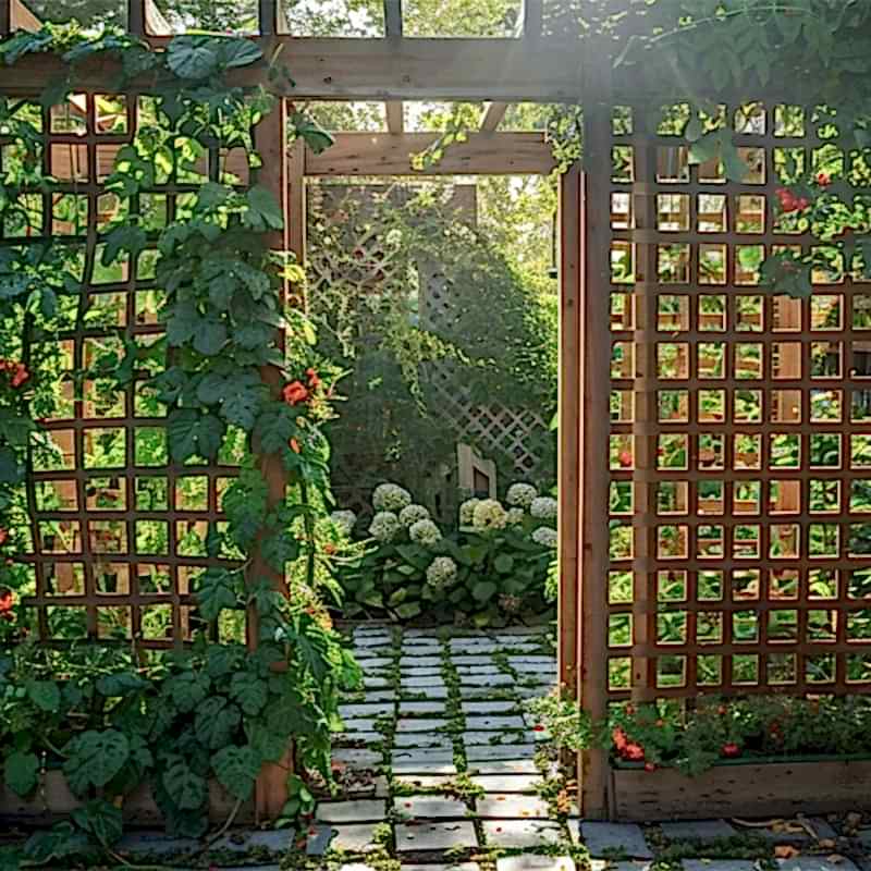 these wooden arches have a garden trellis design on their panels