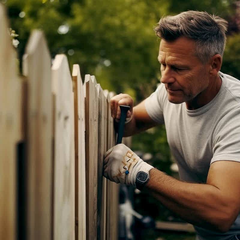 the owner of the damaged wooden fence in this photo has learned to repair a wooden fence by searching for how to repair a wooden fence or how to fix a broken fence