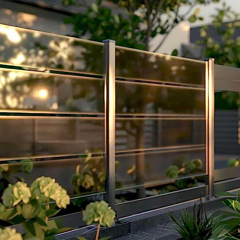 whilst it doesn't give much privacy, this modern looking see-through panel is a great garden fence design