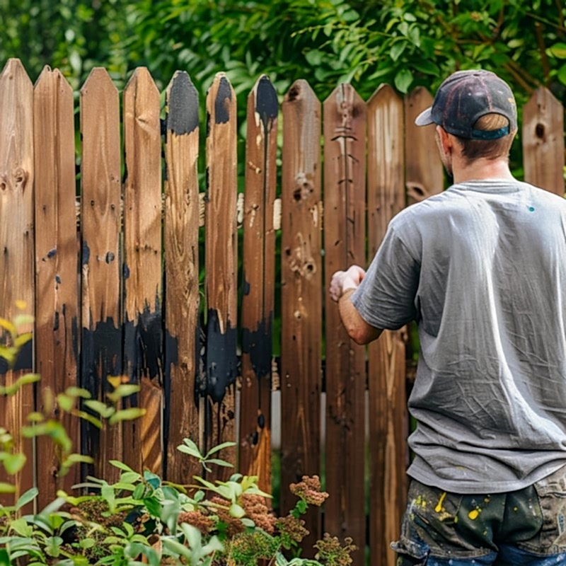 photo of a man painting a garden fence which is one of our fence panel ideas