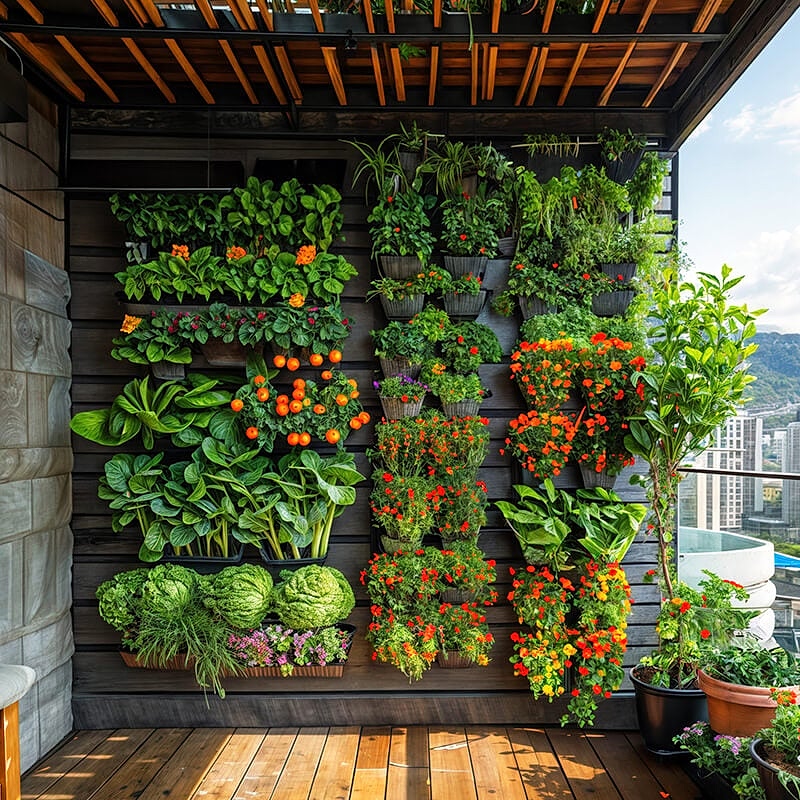 a photo showing one of our vertical garden ideas which include a vertical garden wall , vertical herb garden, vertical vegetable garden and growing your own fruits and vegetables in a fruit and vegetable garden
