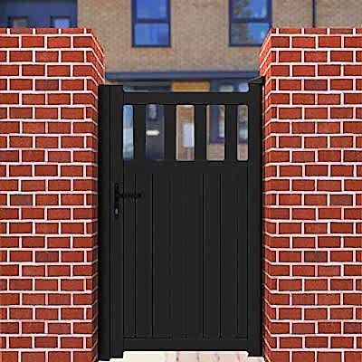 Buy the Partial Privacy Premium Metal Side Gate in Black now a black metal pedestrian gate between 2 brick walls