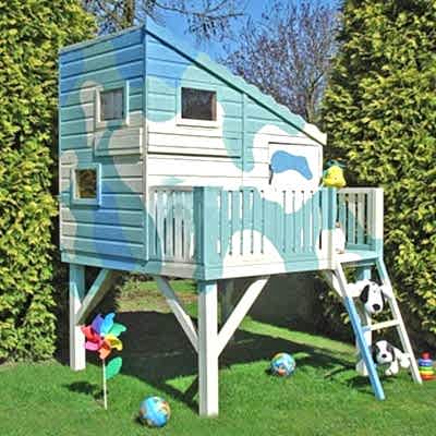 a wooden platform kids playhouse, painted blue and white