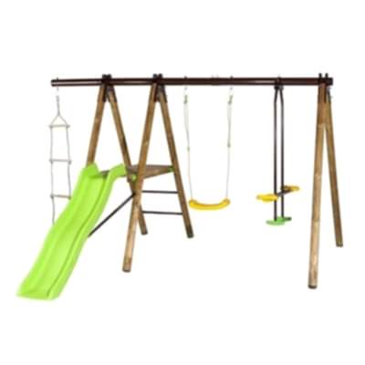 a kids garden playset including swing, slide, sky scooter and rope ladder