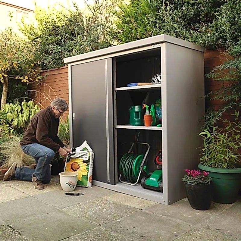 Garden storage with shelving Garden storage with shelving