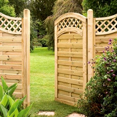 Buy the Forest Paloma 3x6 Decorative Garden Gate now an open garden gate, with a trellis top section and domed-shape top