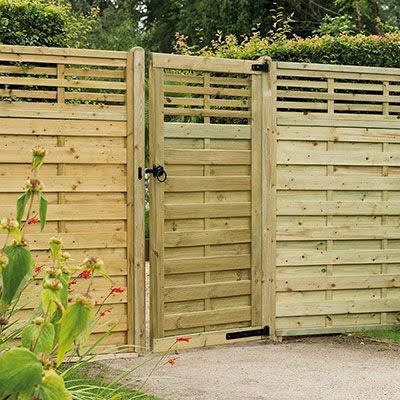 Buy the Forest Kyoto 3x6 Decorative Wooden Gate now a modern garden gate and matching fence panels, all with slatted tops