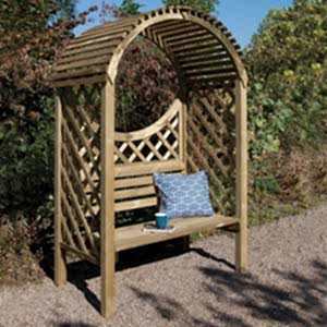 Buy the Rowlinson Keswick Garden Arbour Seat 4x3 now The Rowlinson Keswick Garden Arbour Seat 4x3, with a blue cushion and coffee mug on the seat.
