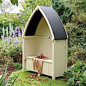 The cream Rowlinson Winchester Garden Arbour Seat 4x2, with its distinctive curved, black roof.